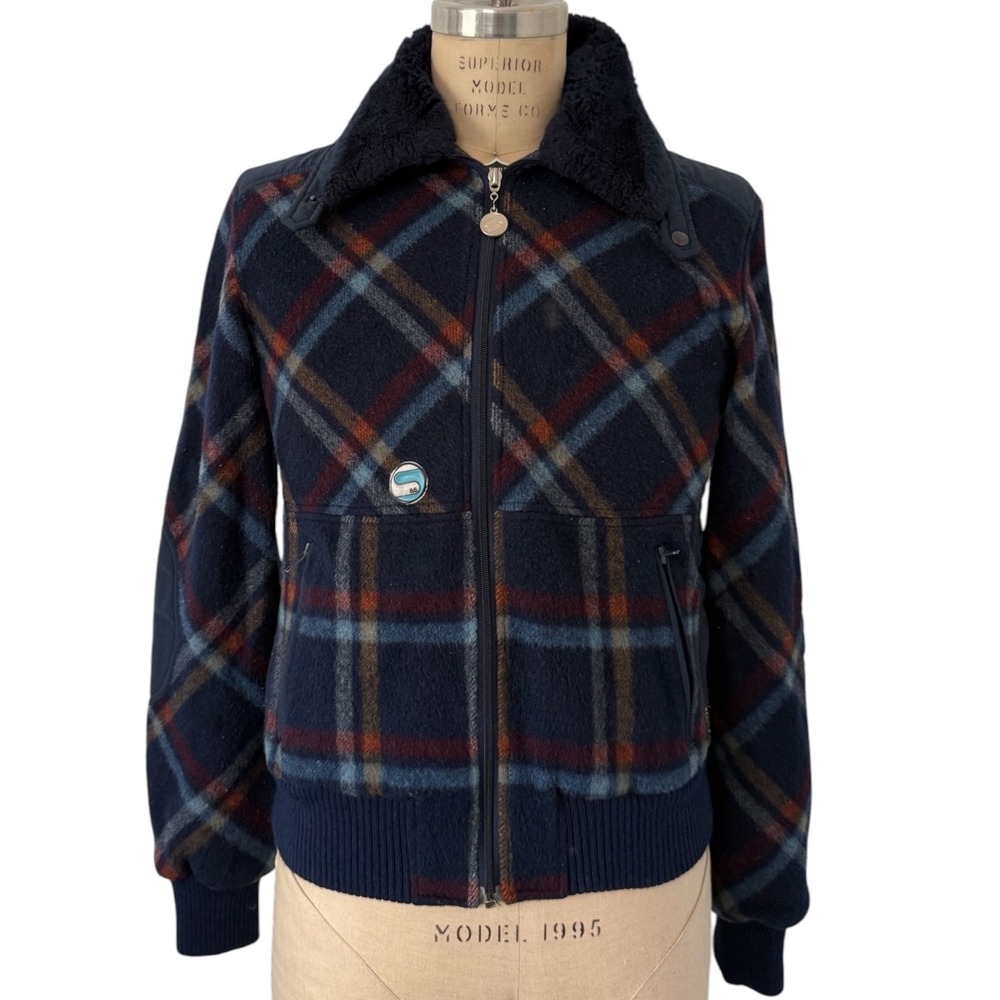 Vintage Samas Plaid Fleece Bomber Jacket Womens Medium Navy Blue Made in Italy